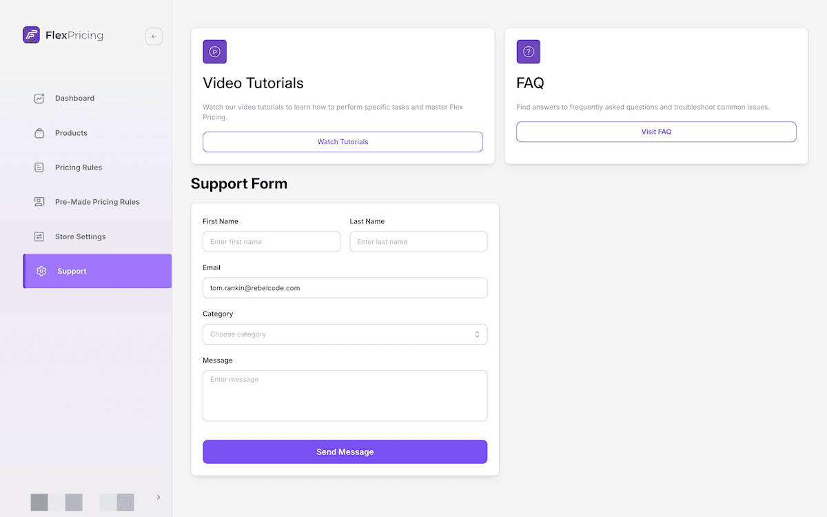 The Support screen within Flex Pricing.