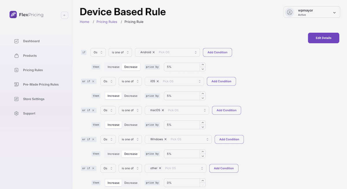 The device-based pricing rule interface showing mobile and desktop settings.