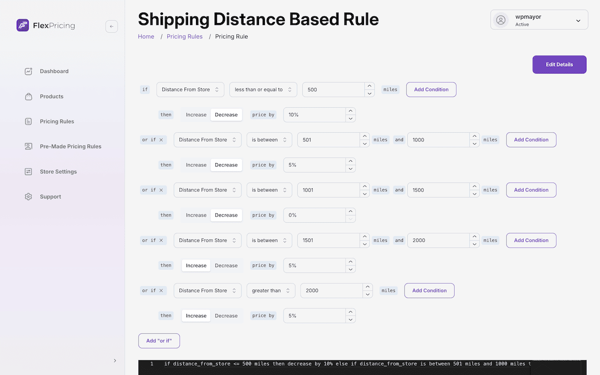 The Distance-based pricing rule edit screen within Flex Pricing.