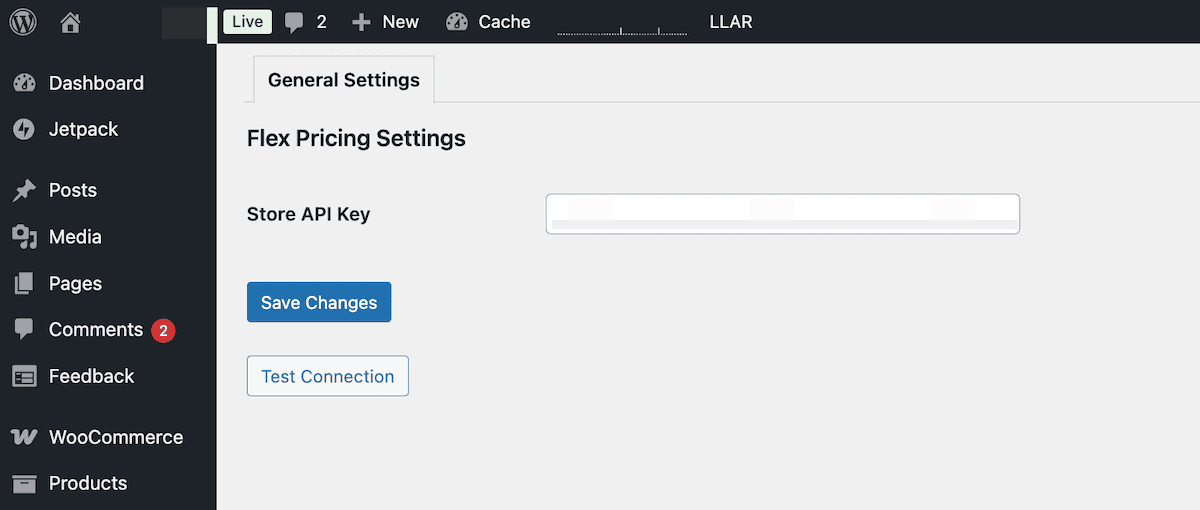 The Flex Pricing settings page showing API credential fields and store configuration options.