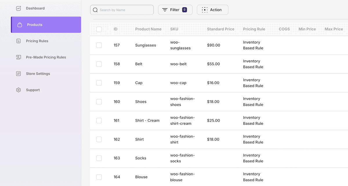 The Flex Pricing dashboard showing an overview of products within a WooCommerce shop.