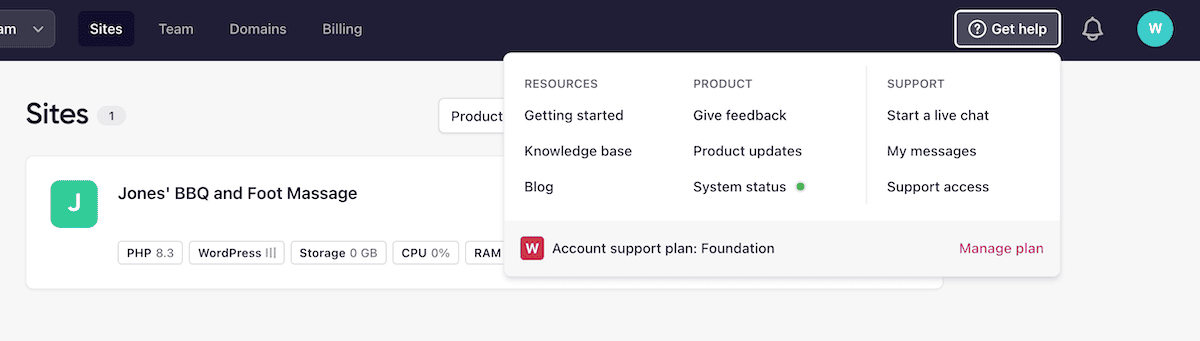 The Get Help drop-down menu.