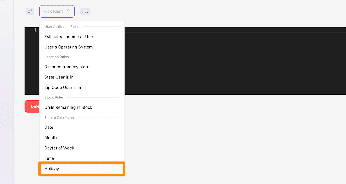 The Holiday selector within Flex Pricing's rules menu.