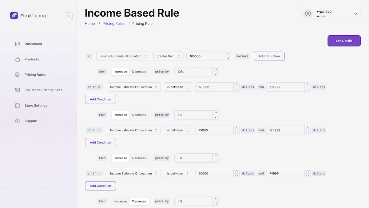 The income-based pricing configuration screen showing demographic settings.