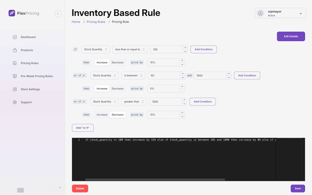 The inventory-based pricing screen showing stock level thresholds and adjustments.
