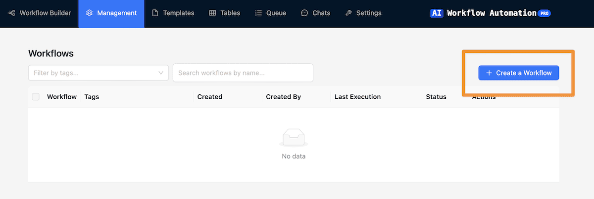 The Create a Workflow button on the Management page.