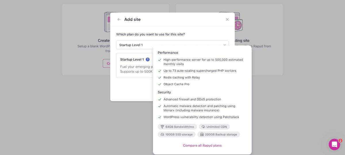 The specifications pop-up modal dialog showing details of the plan.