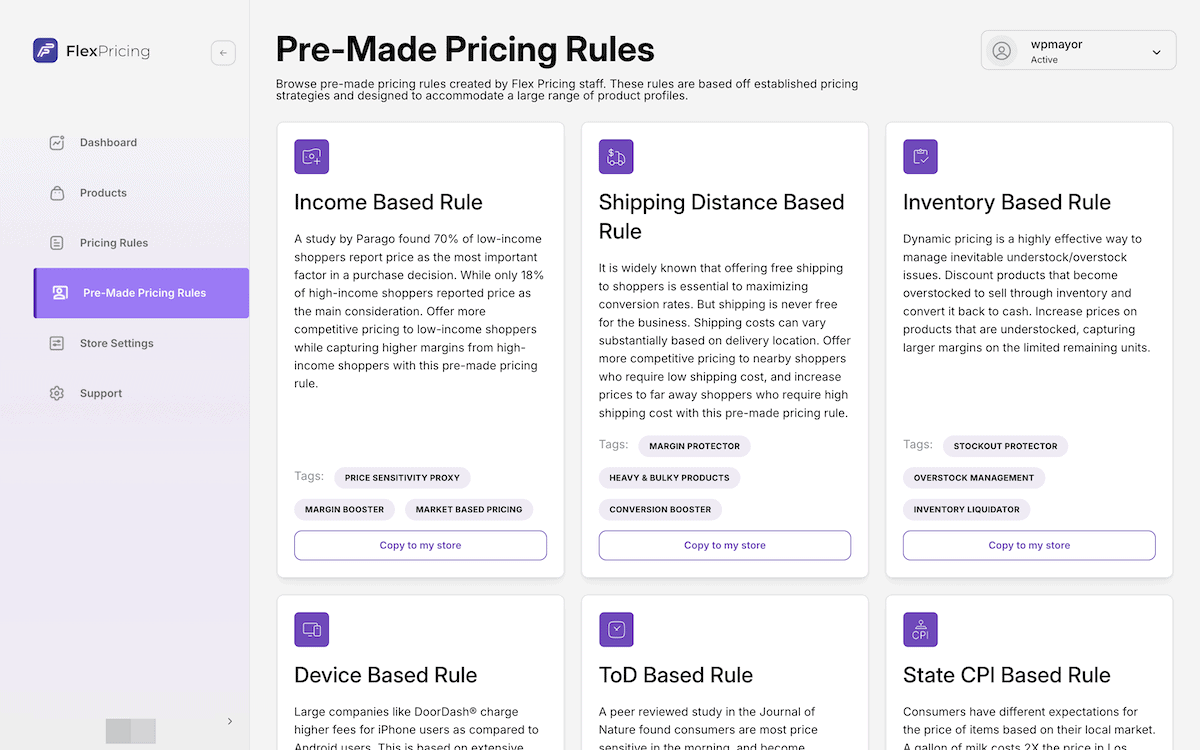 The library of preset pricing rules within Flex Pricing.