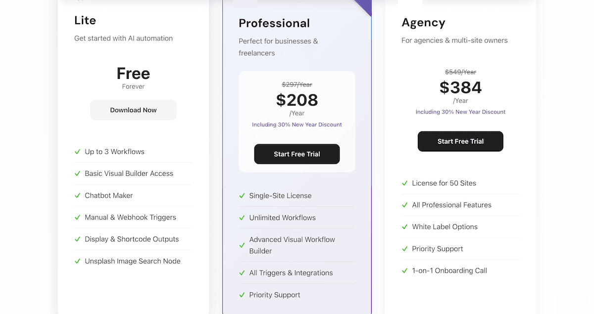 The AI Workflow Automation pricing page.