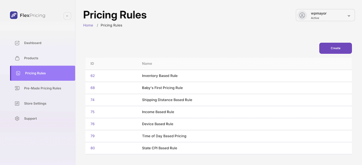 The Pricing Rules page within Flex Pricing showing a list of pricing rules and the Create button.