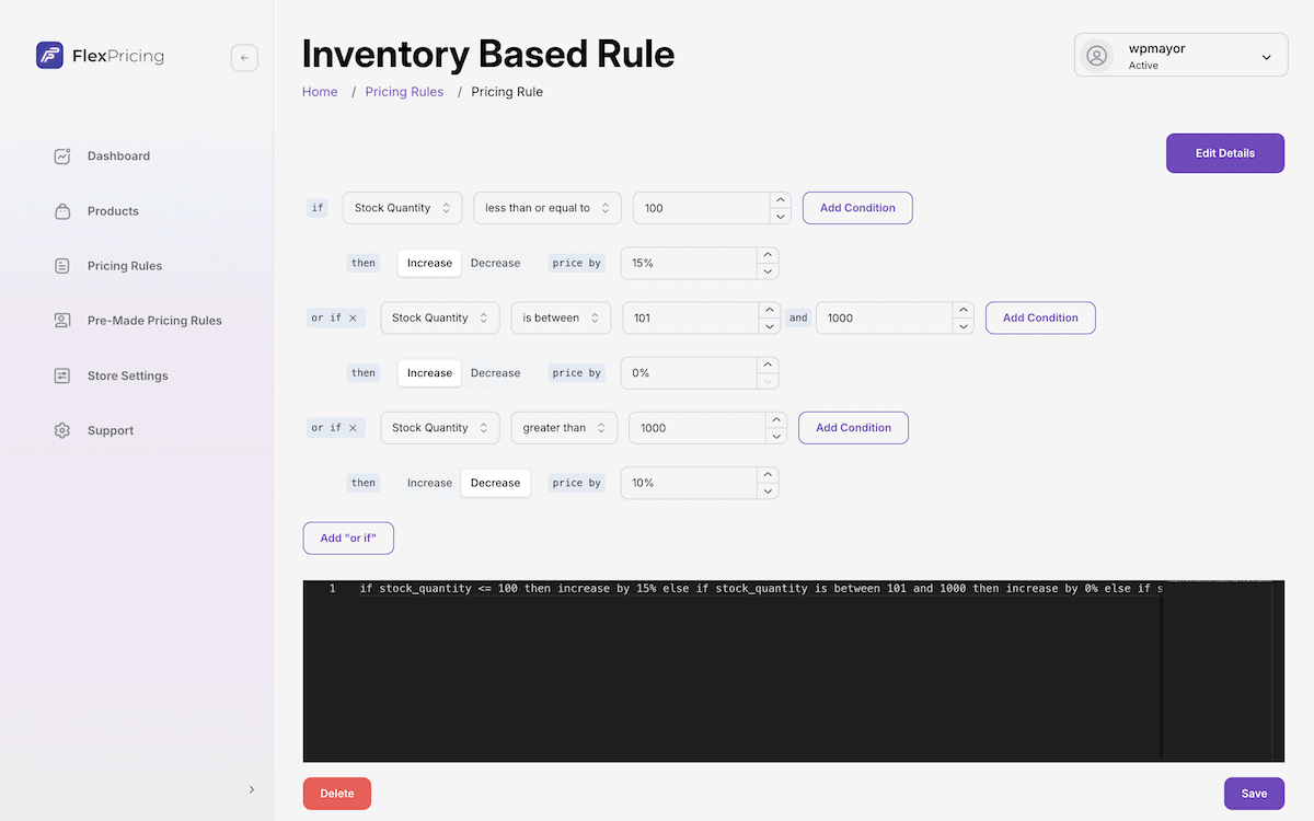The Pricing Rules configuration screen within Flex Pricing.