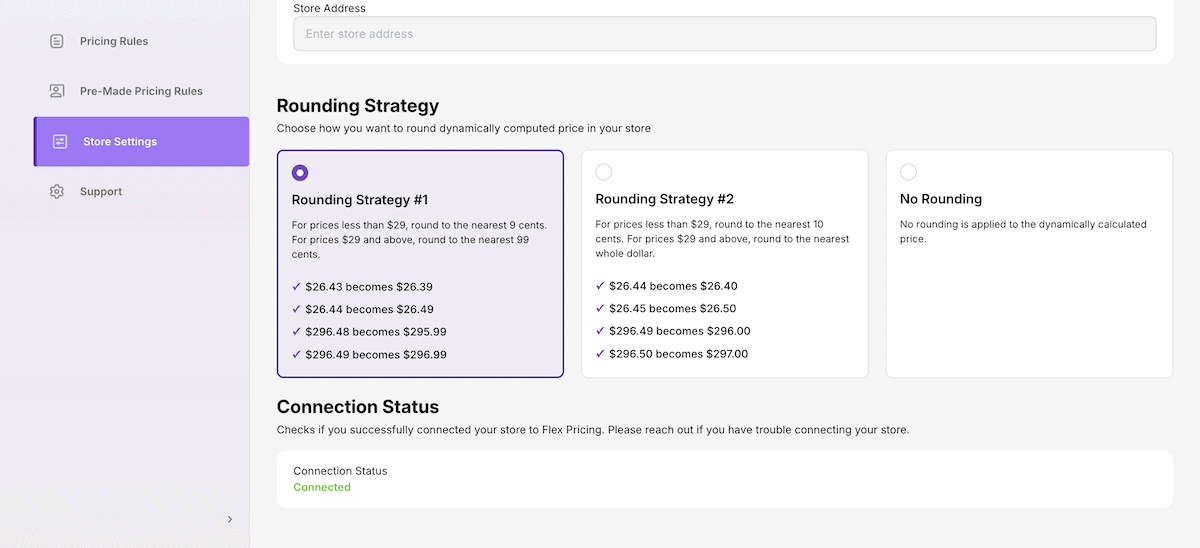 The Flex Pricing rounding strategy configuration screen showing the three available options.