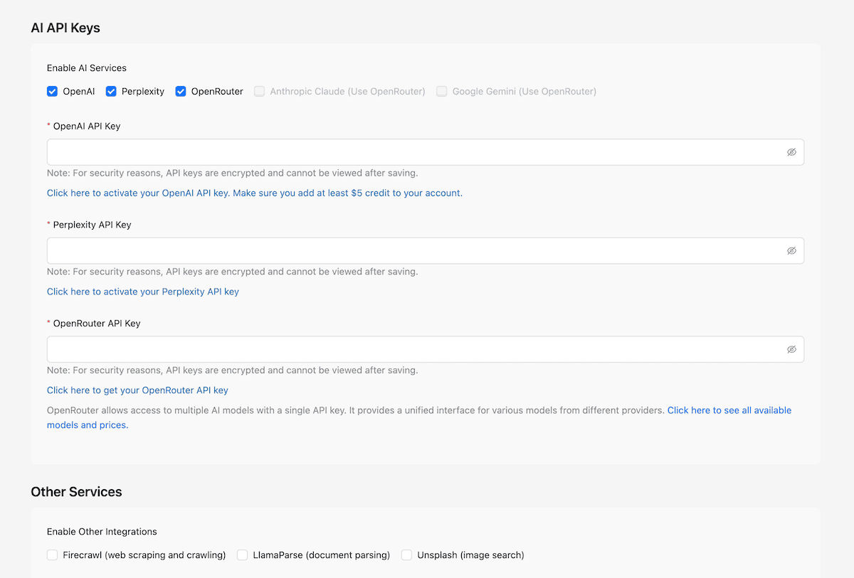 Setting up API keys within AI Workflow Automation.