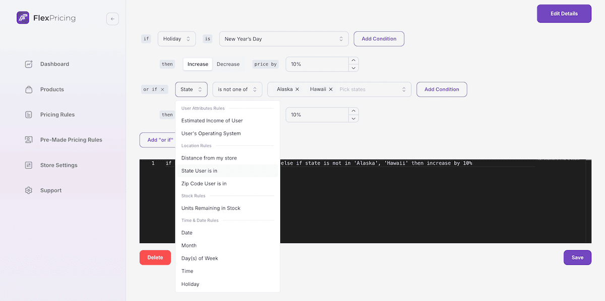 The user state condition within Flex Pricing's rules drop-down menu. 