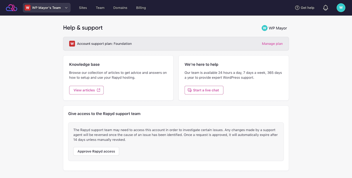 The Support Management screen within Rapyd Cloud.