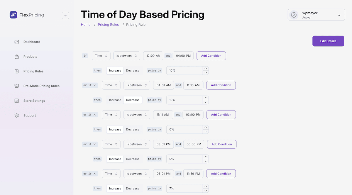 A time-based pricing rule showing daily schedule settings.