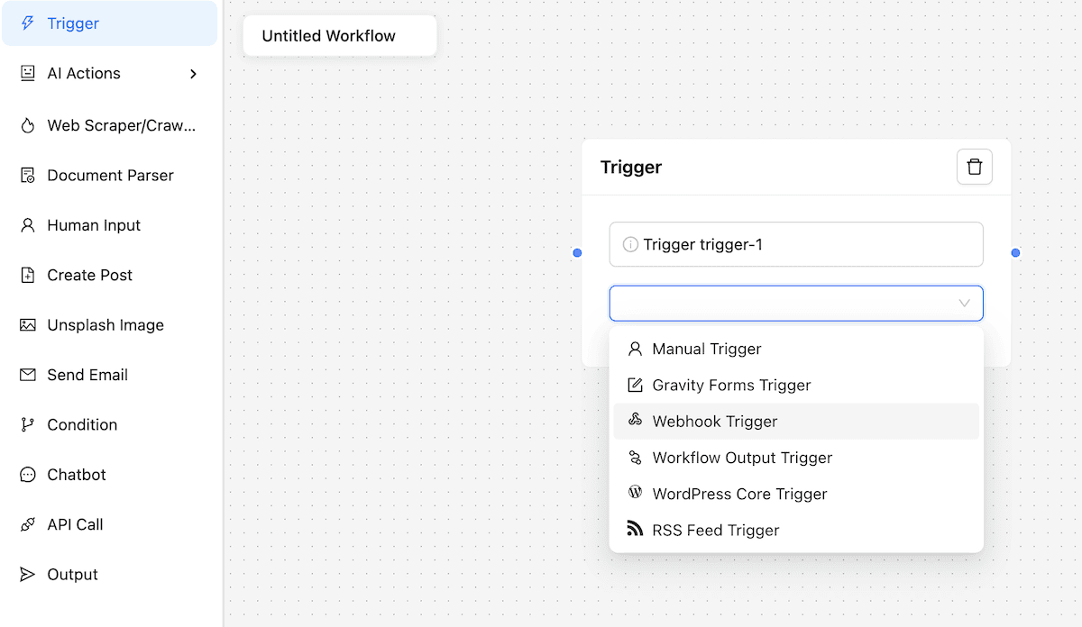 The available trigger types within AI Workflow Automation.