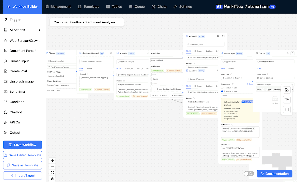 The visual builder within the AI Workflow Automation plugin.