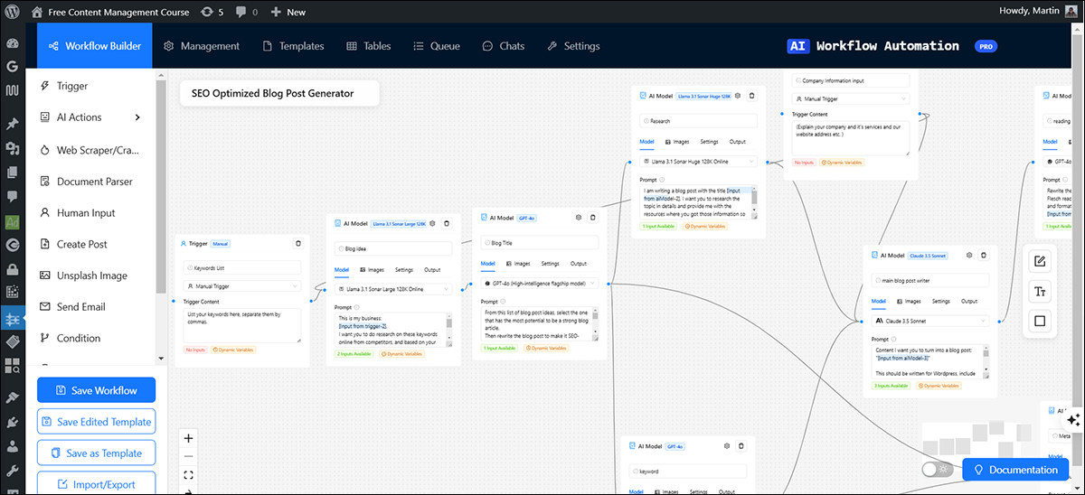 A screenshot of WP AI Workflow Automation's Workflow Builder screen showing an SEO Optimized Blog Post Generator template for the WordPress AI plugin.
