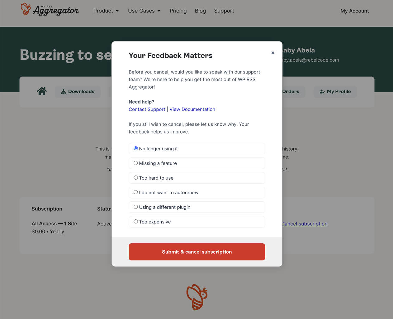 EDD Cancellation Survey in Aggregator's customer account.