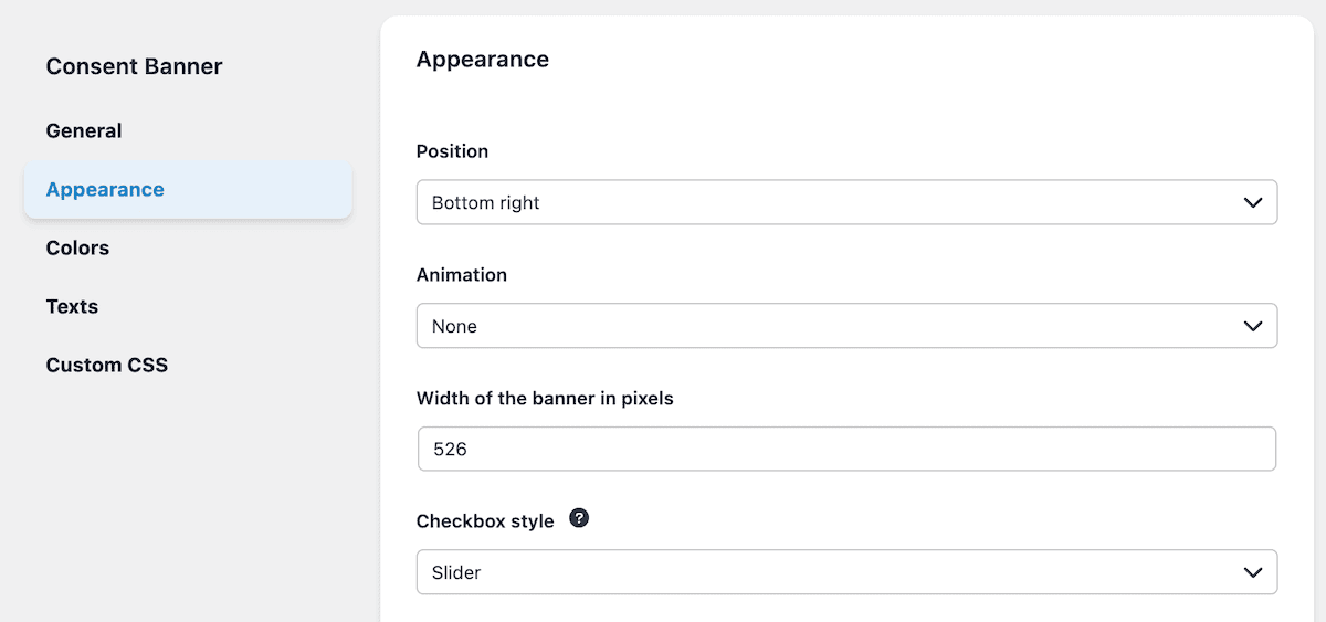 The Appearance section within Complianz.