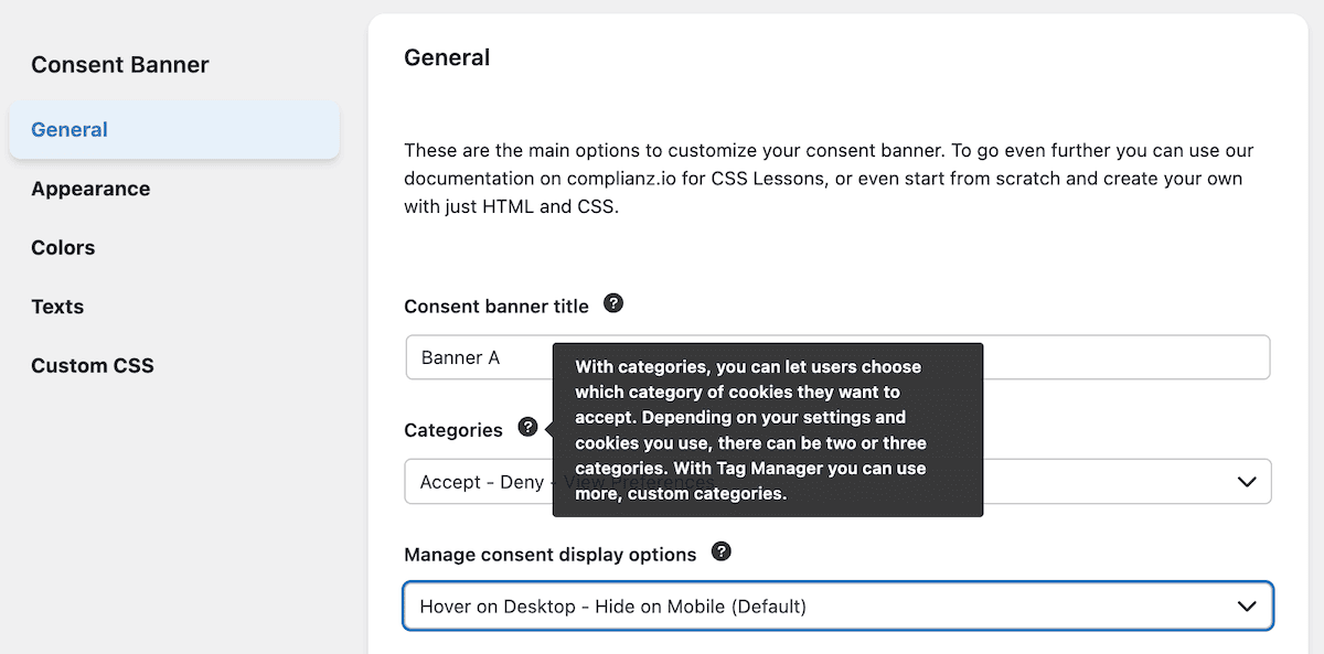 A tooltip for a consent banner option in Complianz.