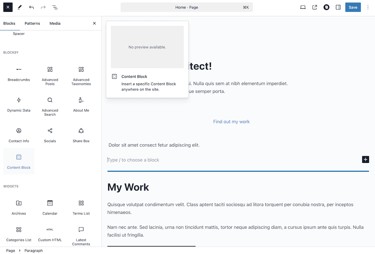 The WordPress Block Editor showing Blocksy's collection of Block elements.