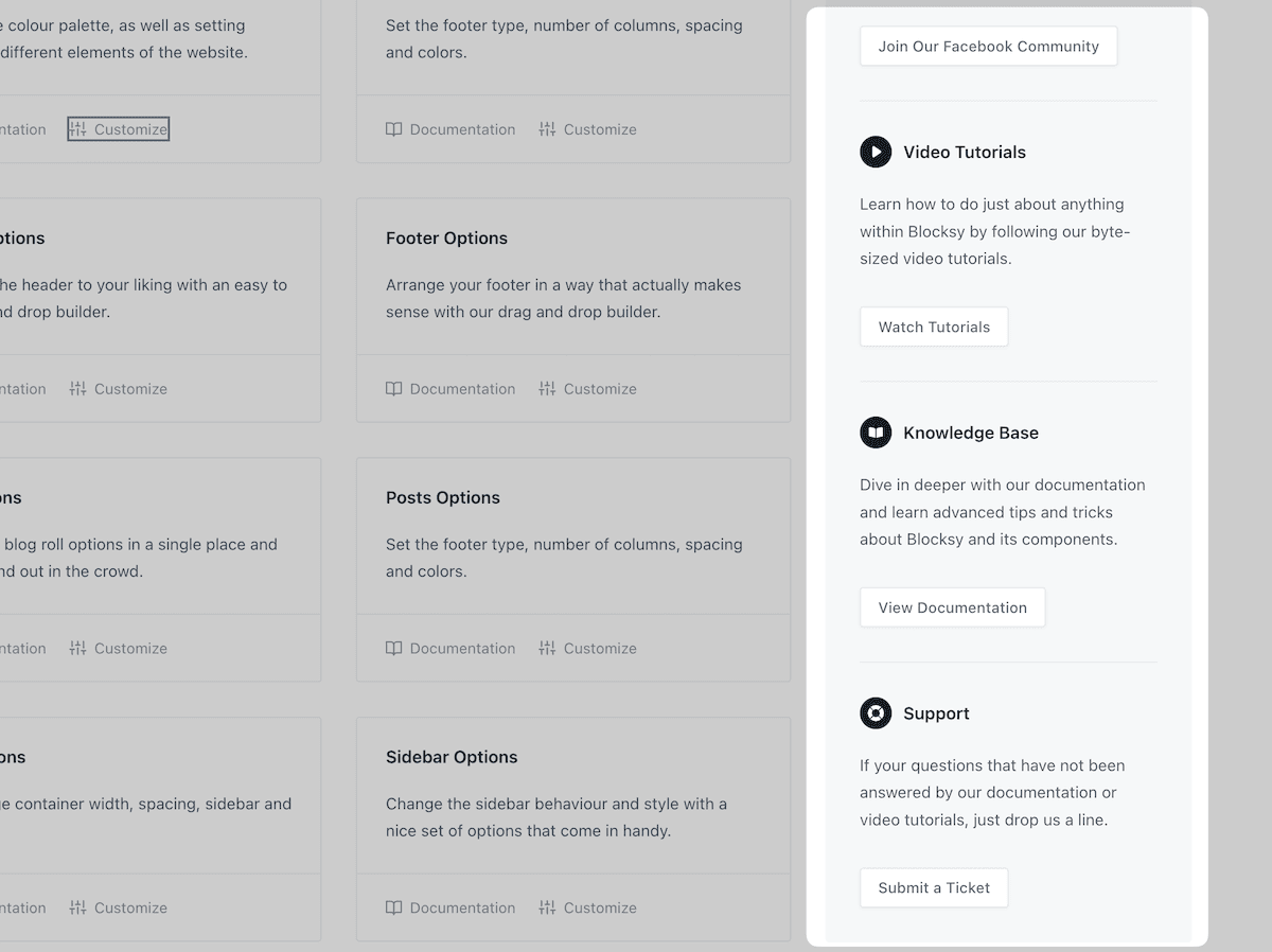 The support and documentation options within Blocksy's dashboard.
