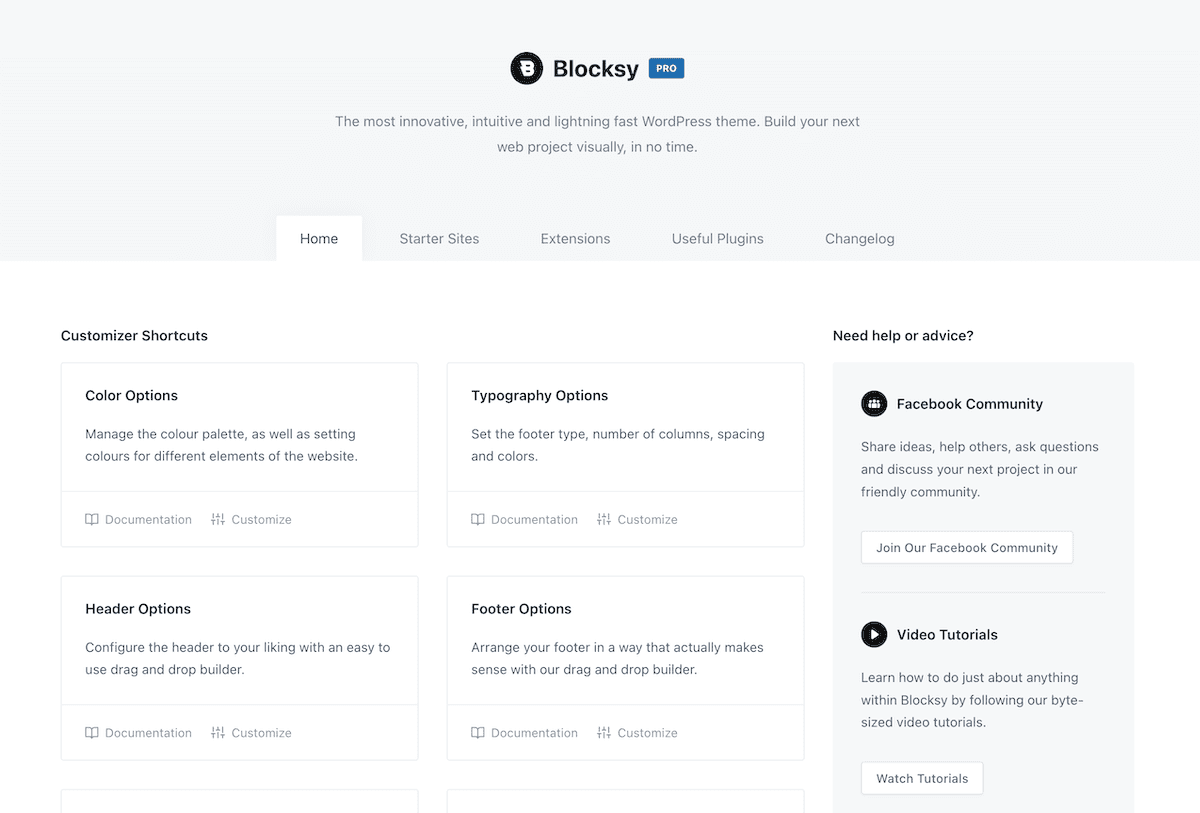 The Blocksy dashboard.