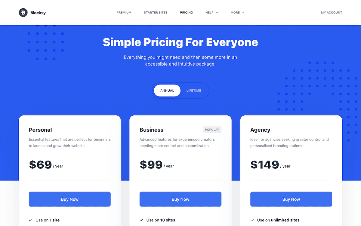 The Blocksy pricing page.