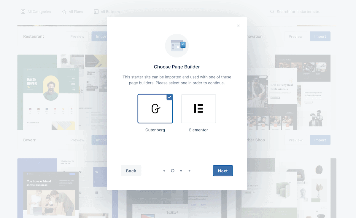 Choosing a page builder plugin for a Blocksy starter site install.