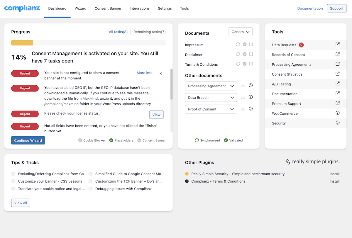 The Complianz dashboard within WordPress.