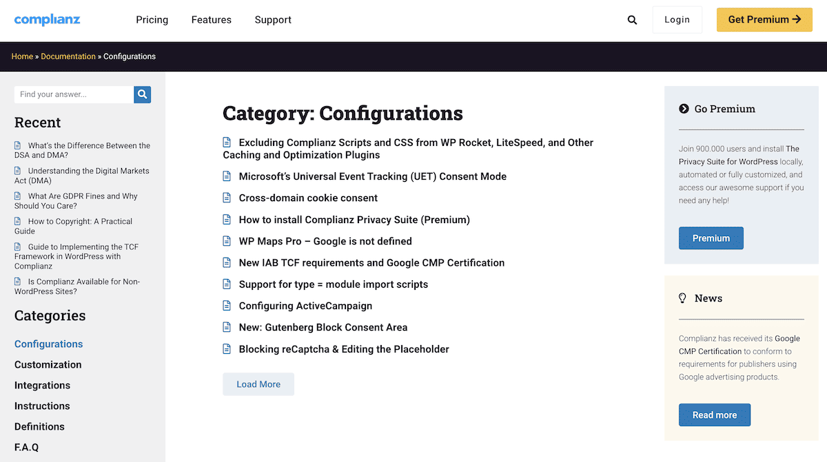 The Complianz documentation page.