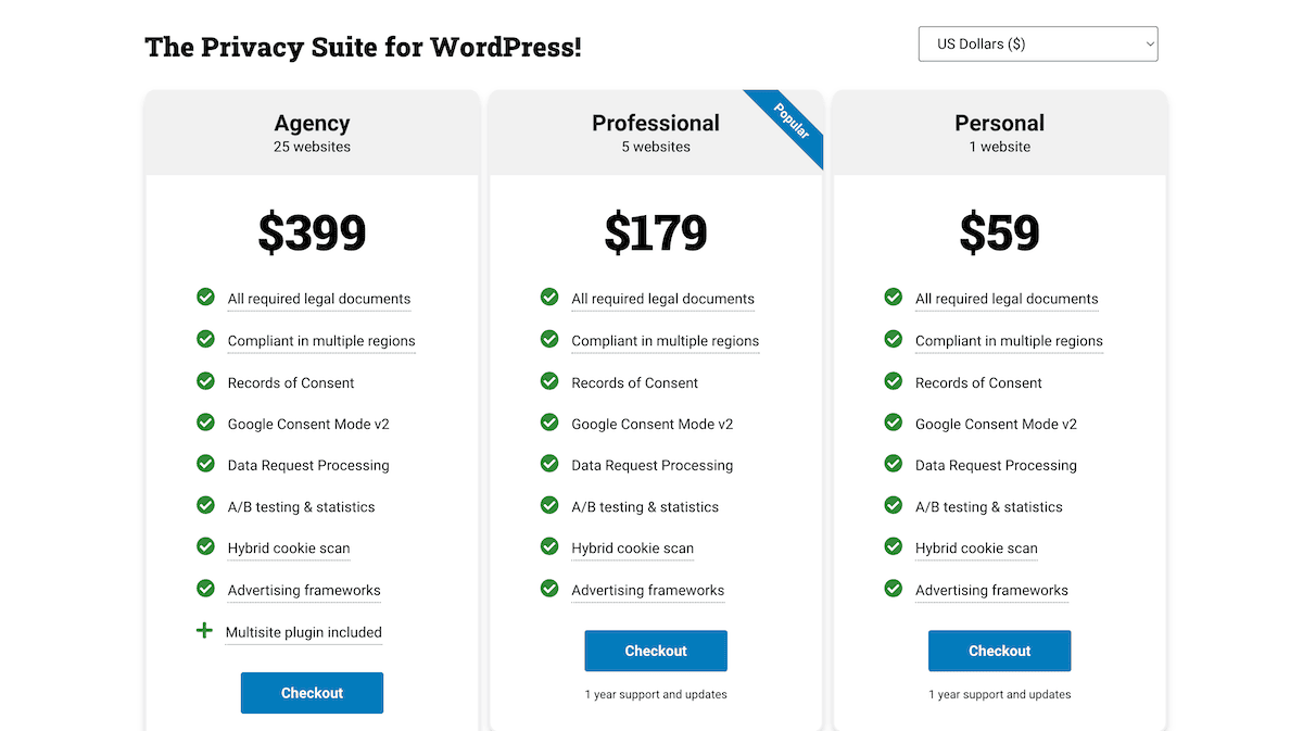 The Complianz pricing page.