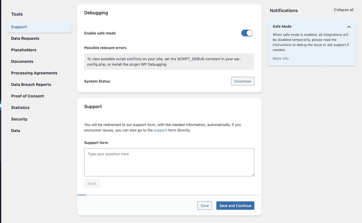 The Support page within Complianz.