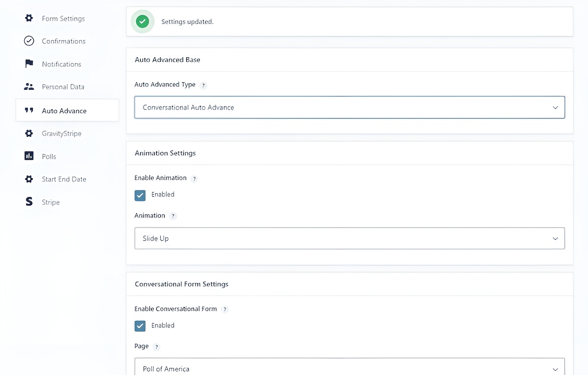 The conversational form settings within Multi Page Auto Advance.