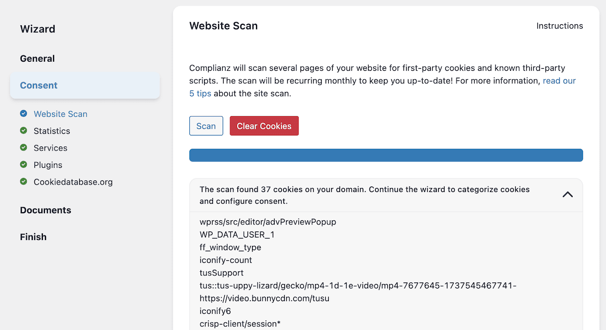 Results from the Complianz cookie scanner.