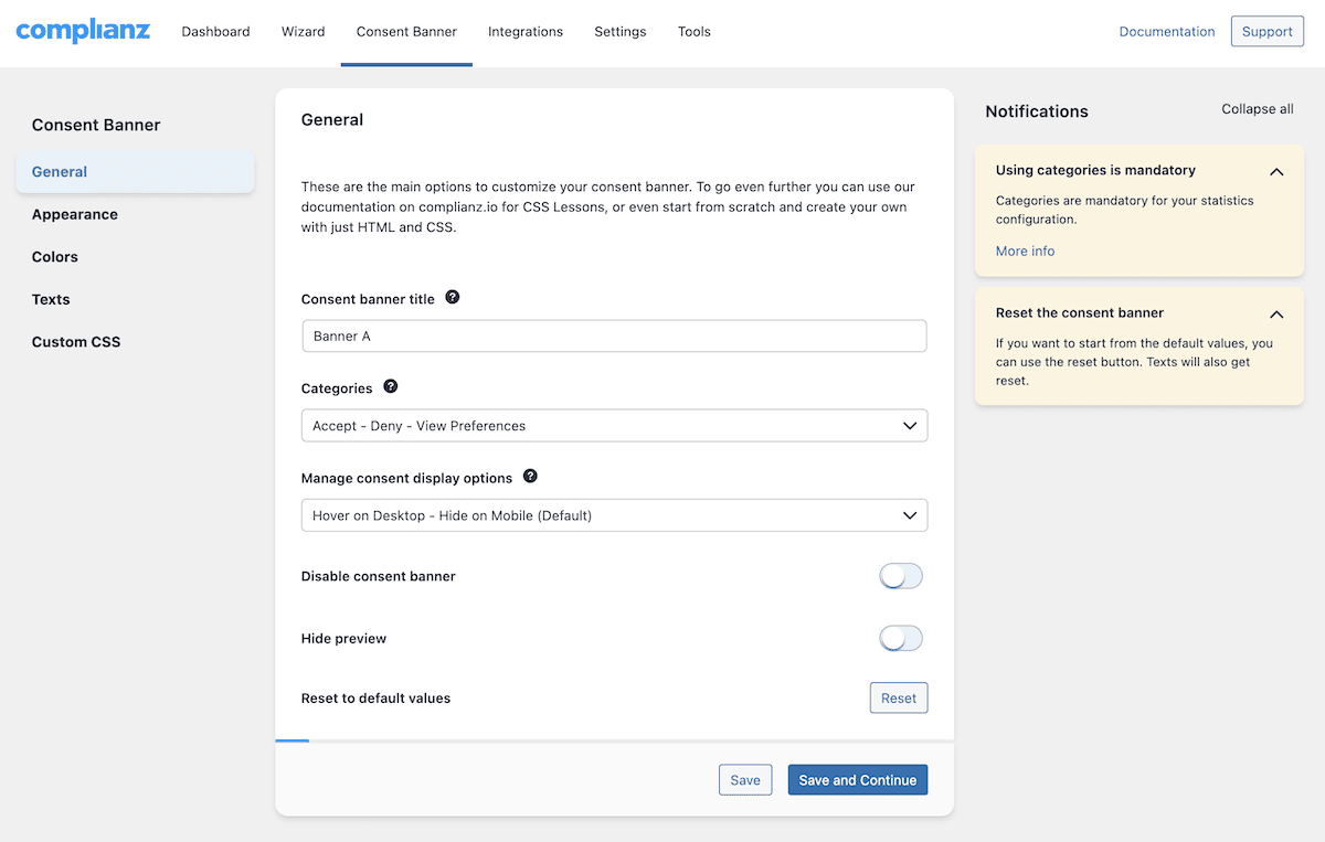 Customizing a consent banner within Complianz.