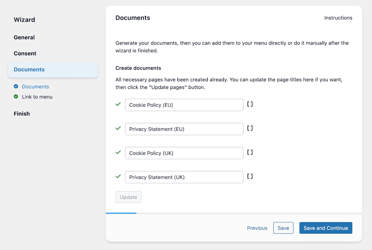 The Complianz Documents screen.