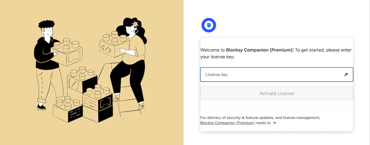Entering a license key into Blocksy.