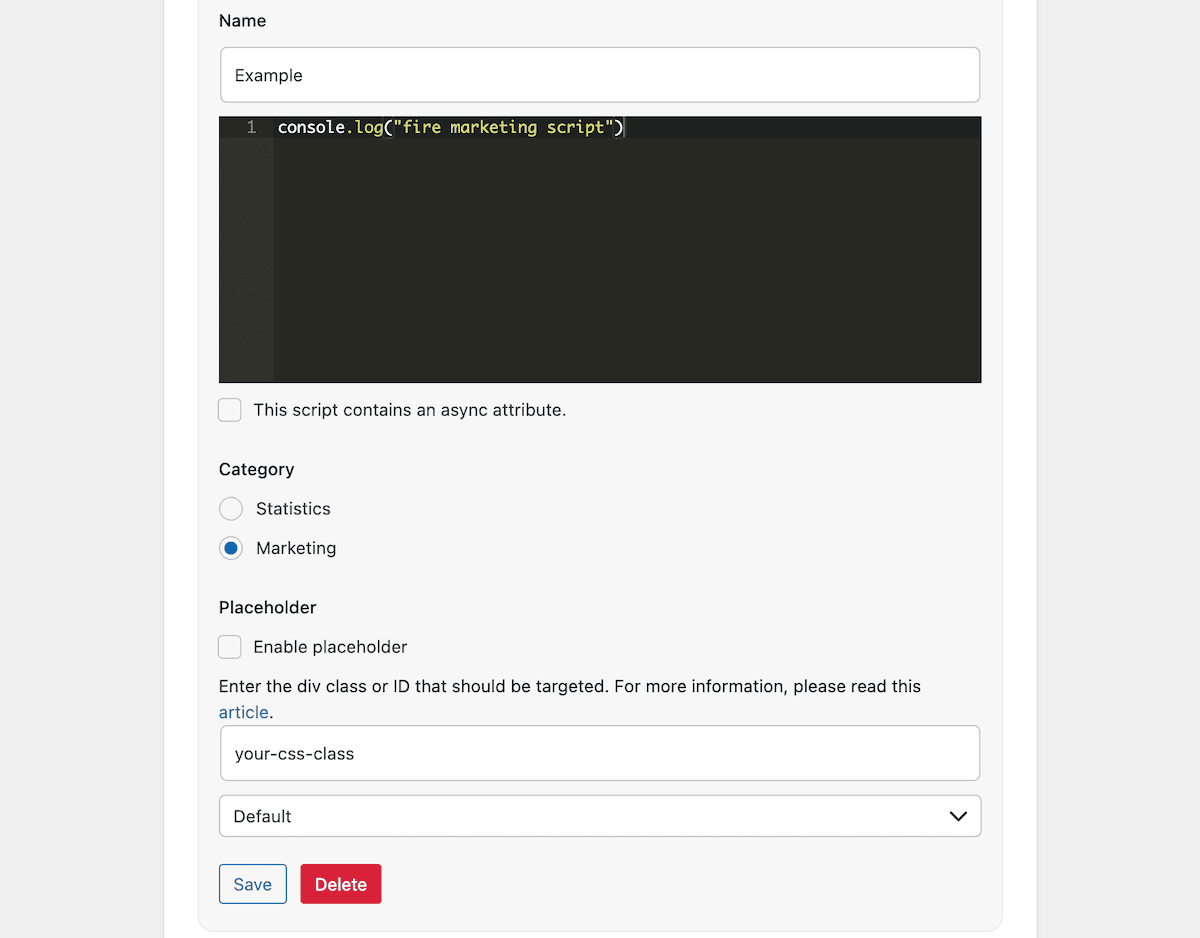 The options for a script within the Script Editor.