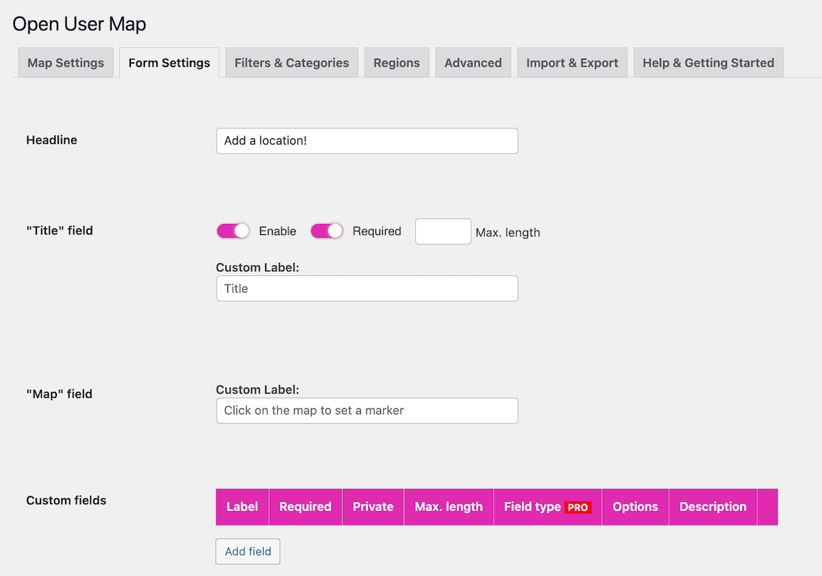 The Open User Map form settings page.
