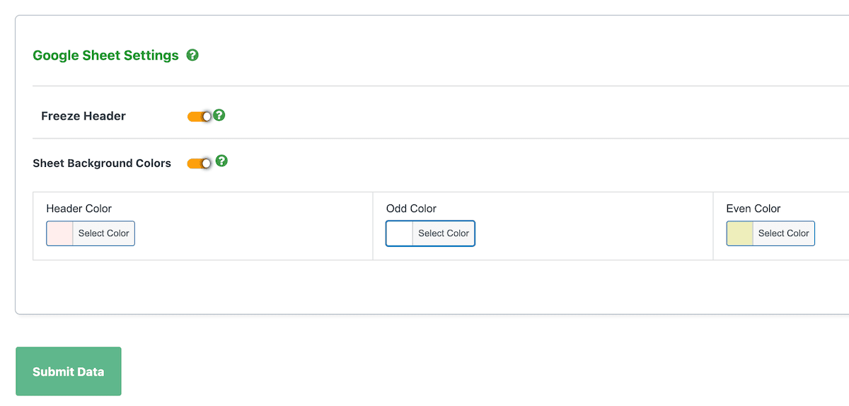 Choosing colors and freezing for headers within WooCommerce Google Sheet Connector Pro.