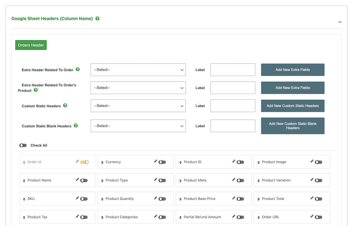 Google Sheet mapping options within the WordPress dashboard.