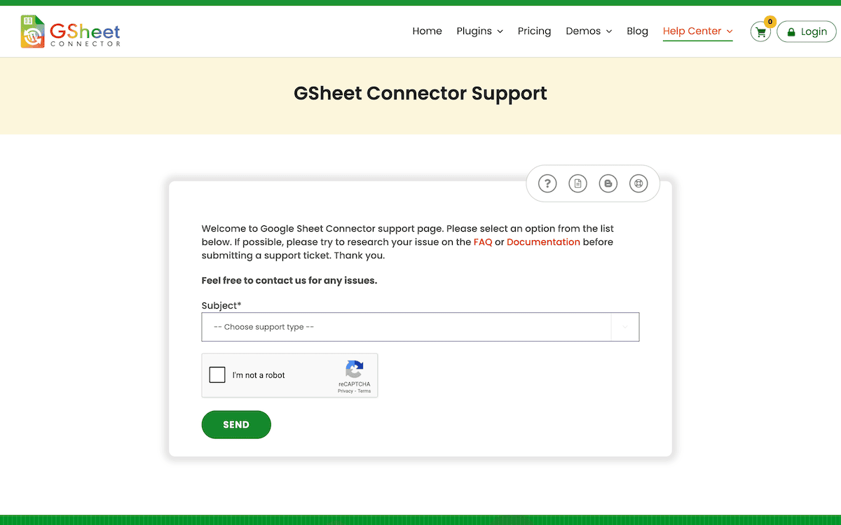The WooCommerce Google Sheet Connector Pro support form.