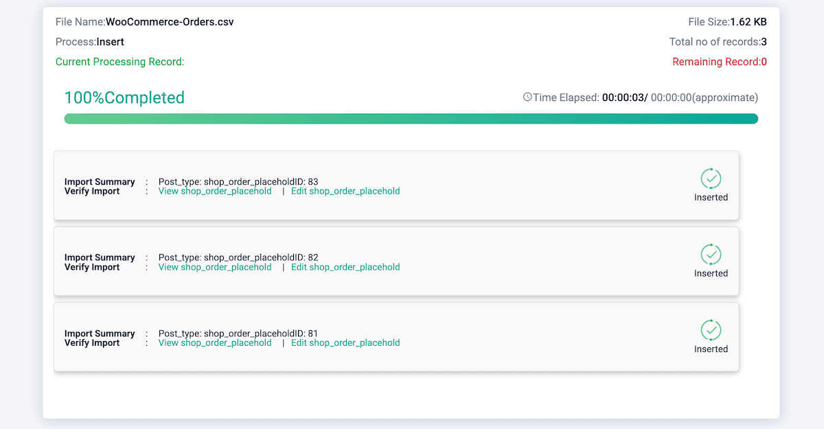 A completed import in WP Ultimate CSV Importer Pro.