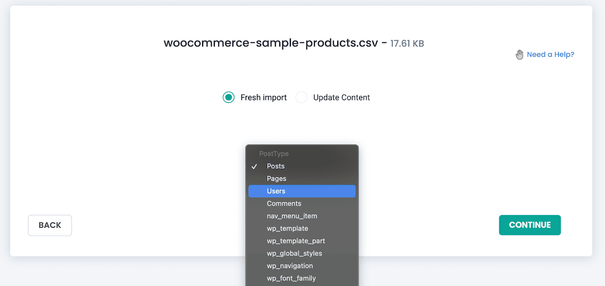 Choosing the product import type from a list.