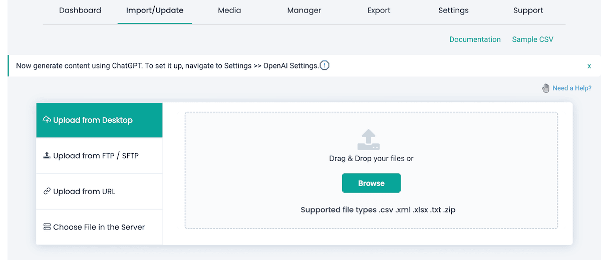 The Import/Update tab within WordPress.