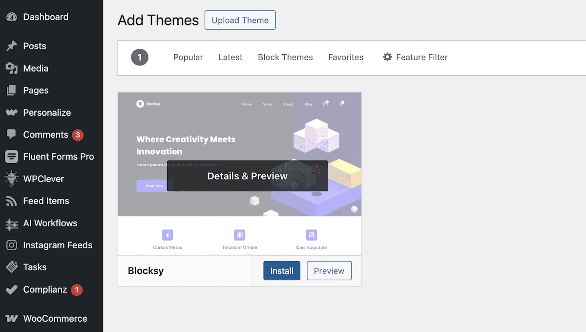 Installing the Blocksy theme from the WordPress dashboard.