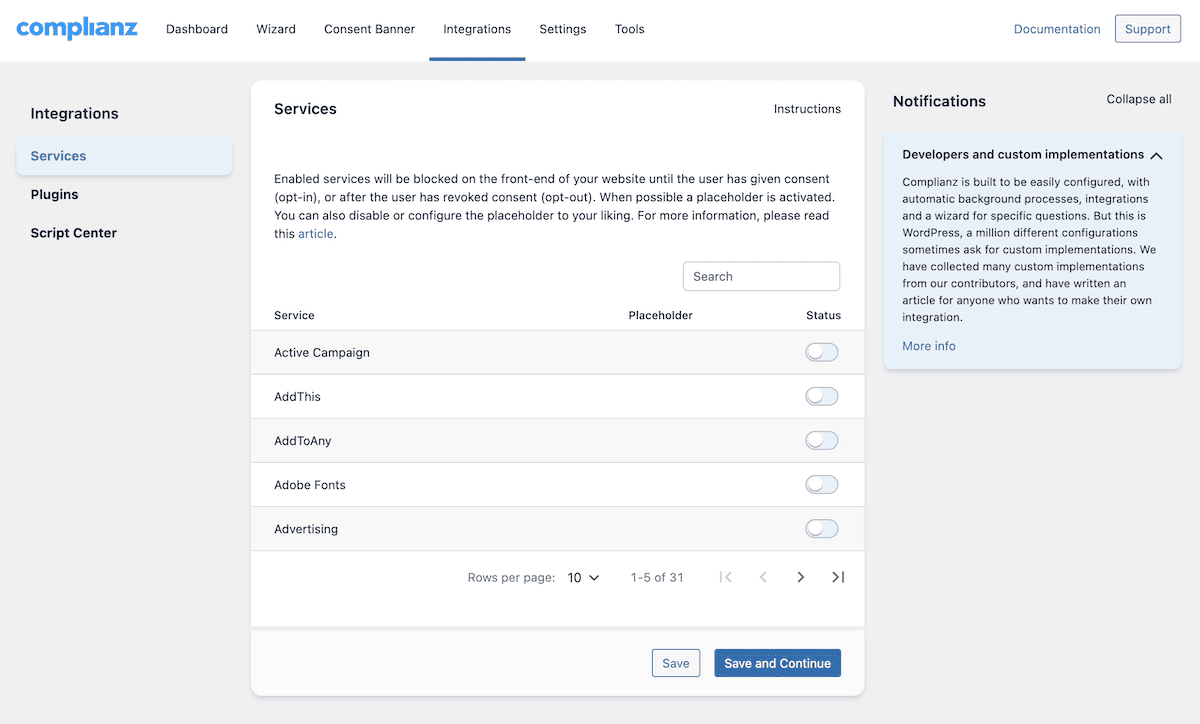 The Complianz Integrations tab.